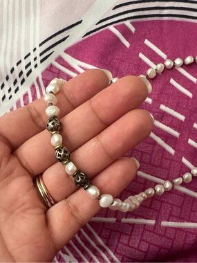 Freshwater Pearl Necklace with Antique-Finish Beads - White